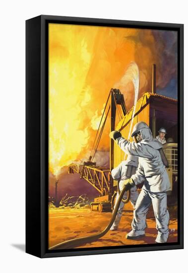Fireman in Safety Suit Fighting a Fire at an Oil Field-Angus Mcbride-Framed Stretched Canvas