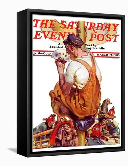 "Fireman with Winning Hand," Saturday Evening Post Cover, March 12, 1938-Samuel Nelson Abbott-Framed Stretched Canvas