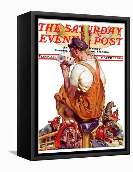 "Fireman with Winning Hand," Saturday Evening Post Cover, March 12, 1938-Samuel Nelson Abbott-Framed Stretched Canvas