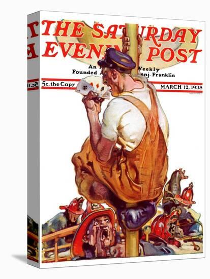 "Fireman with Winning Hand," Saturday Evening Post Cover, March 12, 1938-Samuel Nelson Abbott-Stretched Canvas