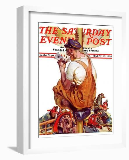 "Fireman with Winning Hand," Saturday Evening Post Cover, March 12, 1938-Samuel Nelson Abbott-Framed Giclee Print
