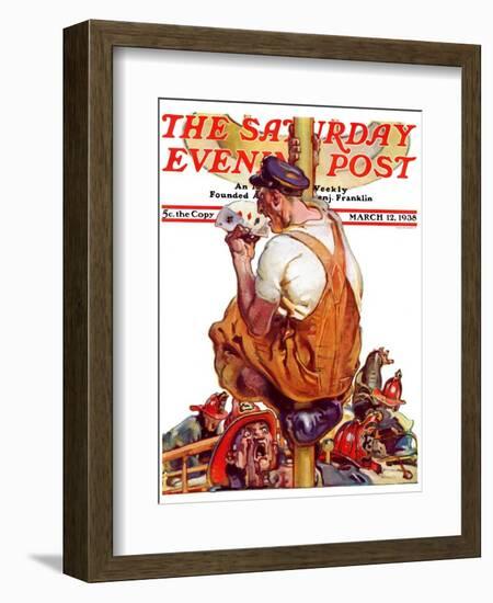 "Fireman with Winning Hand," Saturday Evening Post Cover, March 12, 1938-Samuel Nelson Abbott-Framed Giclee Print