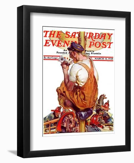 "Fireman with Winning Hand," Saturday Evening Post Cover, March 12, 1938-Samuel Nelson Abbott-Framed Giclee Print