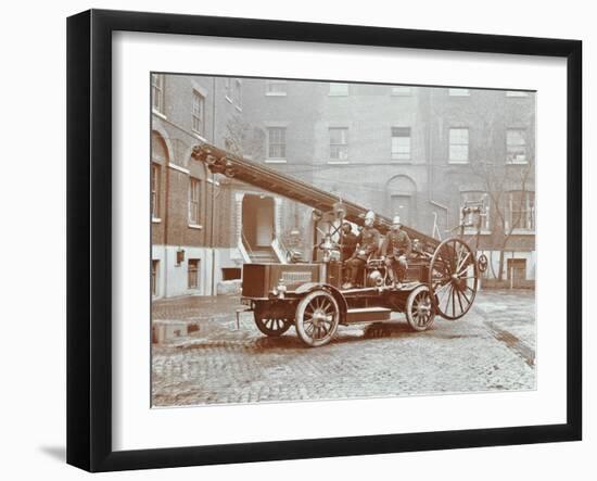 Firemen Aboard a Motor Fire Escape Vehicle, London Fire Brigade Headquarters, London, 1909-null-Framed Premium Photographic Print