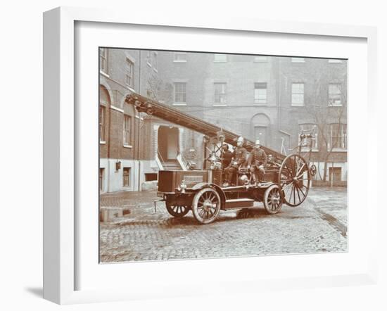 Firemen Aboard a Motor Fire Escape Vehicle, London Fire Brigade Headquarters, London, 1909-null-Framed Premium Photographic Print