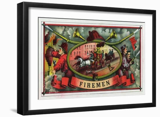 Firemen Brand Cigar Box Label, Firemen with Hoses-Lantern Press-Framed Art Print
