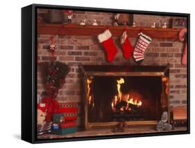 Fireplace with Christmas Stockings-Christine Lowe-Framed Stretched Canvas