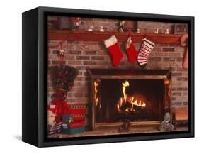 Fireplace with Christmas Stockings-Christine Lowe-Framed Stretched Canvas