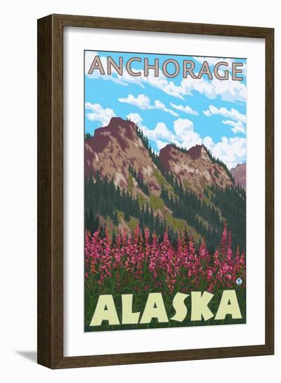 Fireweed & Mountains, Anchorage, Alaska-Lantern Press-Framed Art Print