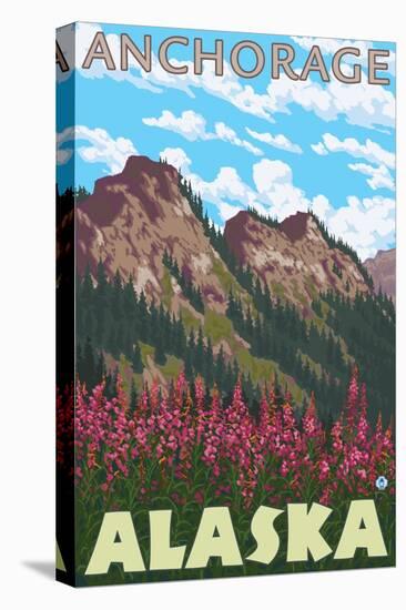 Fireweed & Mountains, Anchorage, Alaska-Lantern Press-Stretched Canvas