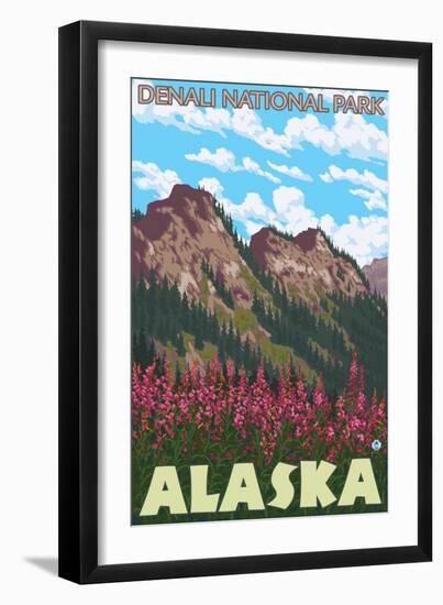 Fireweed & Mountains, Denali National Park, Alaska-Lantern Press-Framed Art Print