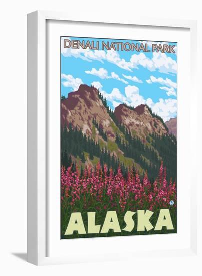 Fireweed & Mountains, Denali National Park, Alaska-Lantern Press-Framed Art Print