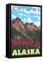 Fireweed & Mountains, Katmai, Alaska-Lantern Press-Framed Stretched Canvas