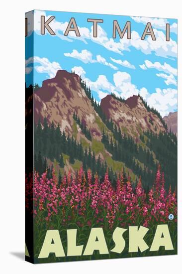 Fireweed & Mountains, Katmai, Alaska-Lantern Press-Stretched Canvas