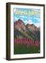 Fireweed with Mountains, Alaska-Lantern Press-Framed Art Print