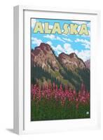 Fireweed with Mountains, Alaska-Lantern Press-Framed Art Print