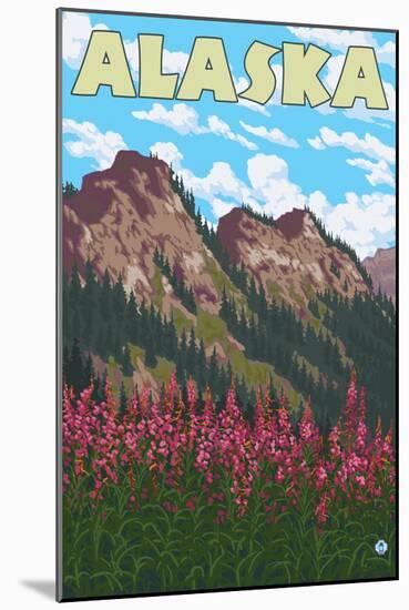 Fireweed with Mountains, Alaska-Lantern Press-Mounted Art Print
