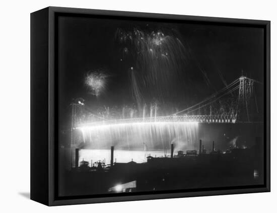 Firework Display at the Opening of the Williamsburg Bridge NYC Photo - New York, NY-Lantern Press-Framed Stretched Canvas