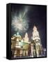 Firework Display Over the Cathedral, Morelia, Michoacan State, Mexico, North America-Christian Kober-Framed Stretched Canvas