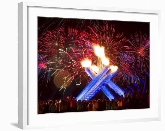 Fireworks after Gretzky Lit the Olympic Cauldron at the Opening Ceremonies of the 2010 Winter Games-null-Framed Photographic Print