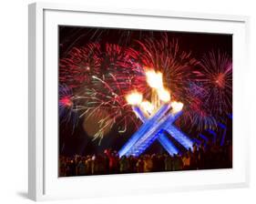 Fireworks after Gretzky Lit the Olympic Cauldron at the Opening Ceremonies of the 2010 Winter Games-null-Framed Photographic Print