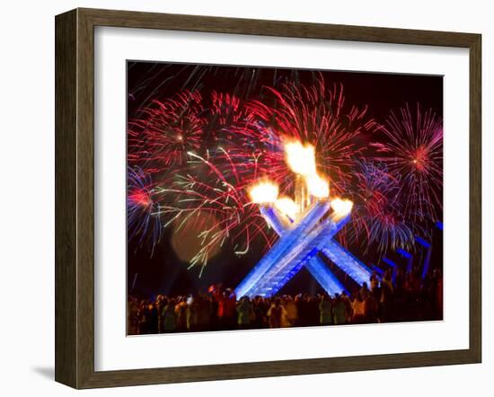 Fireworks after Gretzky Lit the Olympic Cauldron at the Opening Ceremonies of the 2010 Winter Games-null-Framed Photographic Print