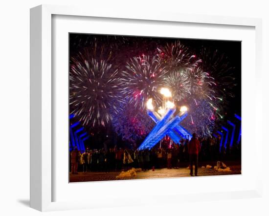 Fireworks after Gretzky Lit the Olympic Cauldron at the Opening Ceremonies of the 2010 Winter Games-null-Framed Photographic Print