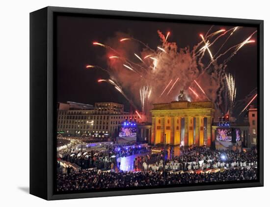 Fireworks at the Brandenburg Gate in Berlin, Germany Commemorating the Fall of the Berlin Wall-null-Framed Stretched Canvas