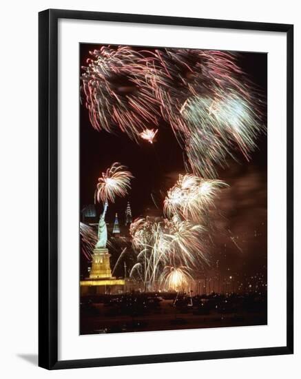 Fireworks Burst Around the Statue of Liberty-null-Framed Photographic Print