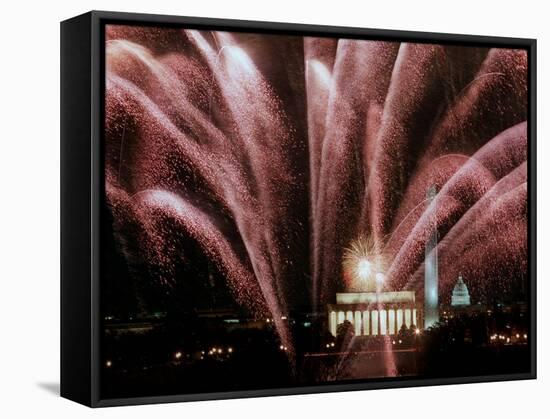Fireworks Cascade Over the Lincoln Memorial-null-Framed Stretched Canvas