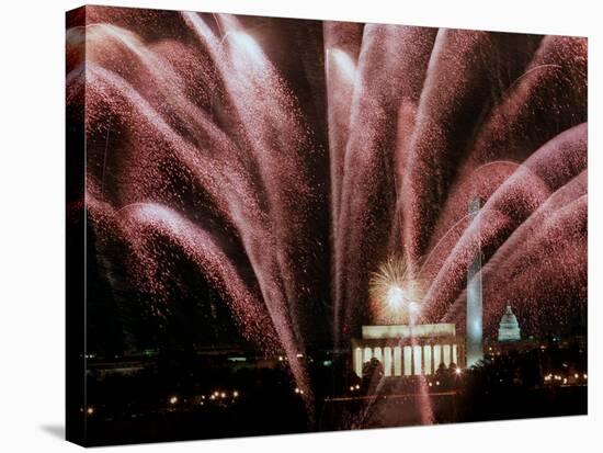 Fireworks Cascade Over the Lincoln Memorial-null-Stretched Canvas