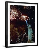 Fireworks Explode Around the Statue of Liberty-null-Framed Premium Photographic Print