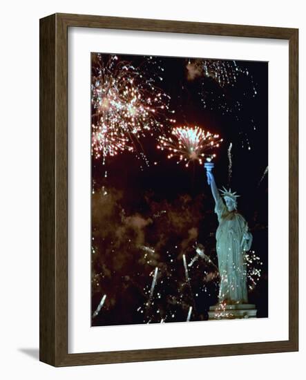 Fireworks Explode Around the Statue of Liberty-null-Framed Photographic Print