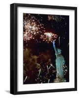 Fireworks Explode Around the Statue of Liberty-null-Framed Photographic Print