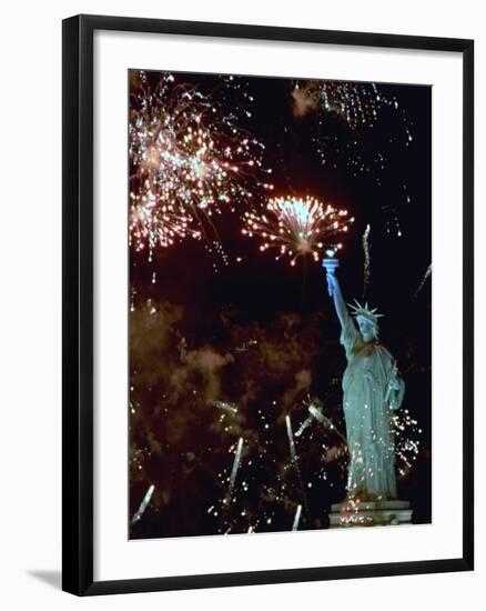 Fireworks Explode Around the Statue of Liberty-null-Framed Photographic Print