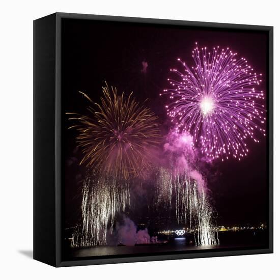 Fireworks Explode over the Olympic Rings During the Opening Ceremony of the Vancouver 2010 Olympics-null-Framed Stretched Canvas