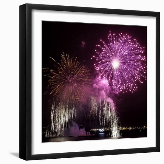 Fireworks Explode over the Olympic Rings During the Opening Ceremony of the Vancouver 2010 Olympics-null-Framed Premium Photographic Print