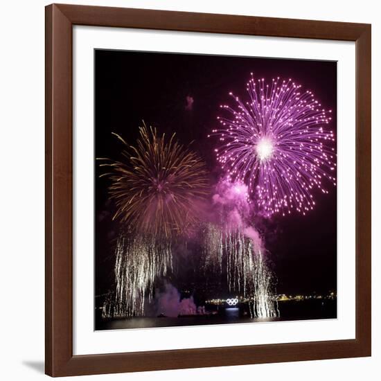 Fireworks Explode over the Olympic Rings During the Opening Ceremony of the Vancouver 2010 Olympics-null-Framed Photographic Print