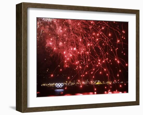 Fireworks Explode over the Olympic Rings During the Opening Ceremony of the Vancouver 2010 Olympics-null-Framed Photographic Print