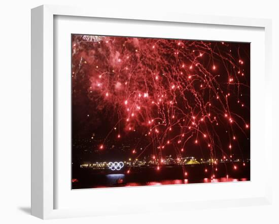 Fireworks Explode over the Olympic Rings During the Opening Ceremony of the Vancouver 2010 Olympics-null-Framed Photographic Print