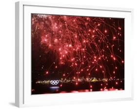 Fireworks Explode over the Olympic Rings During the Opening Ceremony of the Vancouver 2010 Olympics-null-Framed Photographic Print