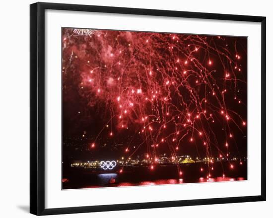 Fireworks Explode over the Olympic Rings During the Opening Ceremony of the Vancouver 2010 Olympics-null-Framed Photographic Print