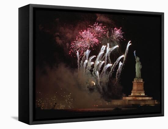 Fireworks Exploding near Statue of Liberty-null-Framed Stretched Canvas