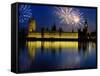 Fireworks exploding over the Houses of Parliament and the river Thames, London, England-null-Framed Stretched Canvas