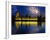 Fireworks exploding over the Houses of Parliament and the river Thames, London, England-null-Framed Photographic Print