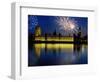 Fireworks exploding over the Houses of Parliament and the river Thames, London, England-null-Framed Photographic Print