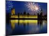 Fireworks exploding over the Houses of Parliament and the river Thames, London, England-null-Mounted Photographic Print