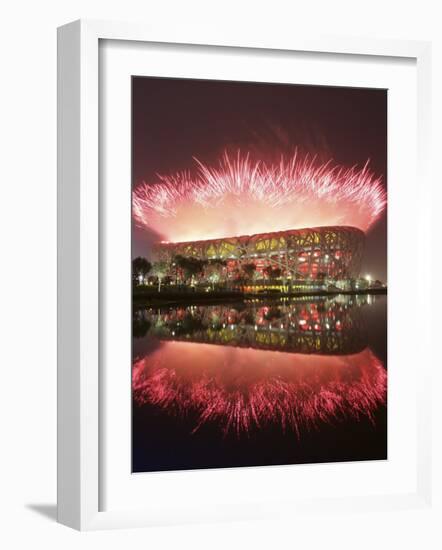 Fireworks Explods over National Stadium During the Opening Ceremony of Beijing 2008 Olympics-null-Framed Photographic Print