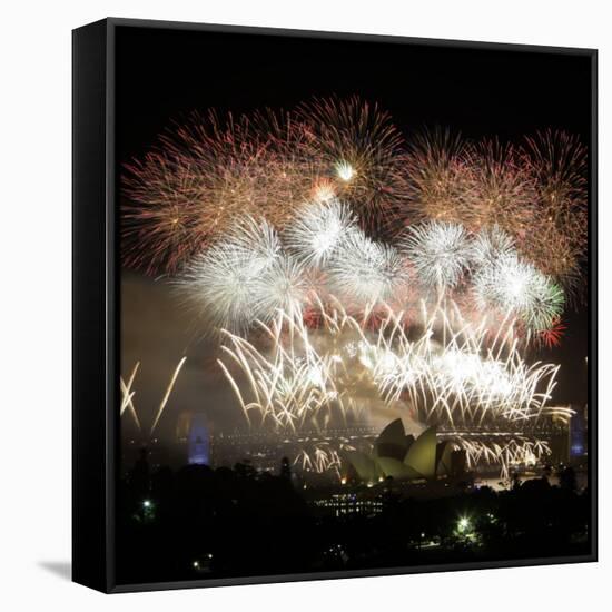 Fireworks Flash over Sydney Harbor During New Year Celebrations-null-Framed Stretched Canvas
