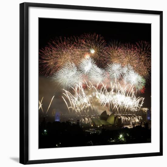 Fireworks Flash over Sydney Harbor During New Year Celebrations-null-Framed Photographic Print